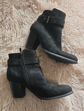 Flyfor Women’s Black Suede Ankle Boots with Studded Strap Size 38